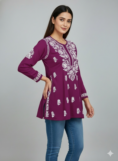 "Short Rayon Lucknowi Chikankari Kurti with Hand Embroidery"