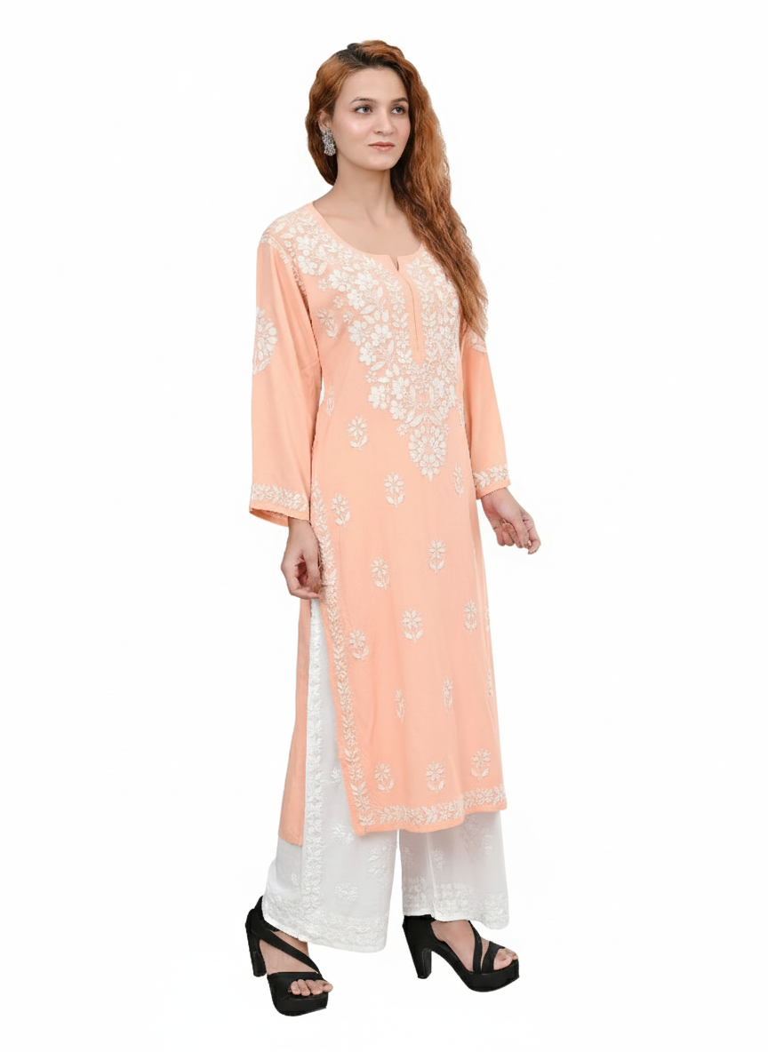 MS CHIKAN ARTS Women's Rayon Full Sleeve Lucknowi Chikankari Hand Work Round Neck Kurti