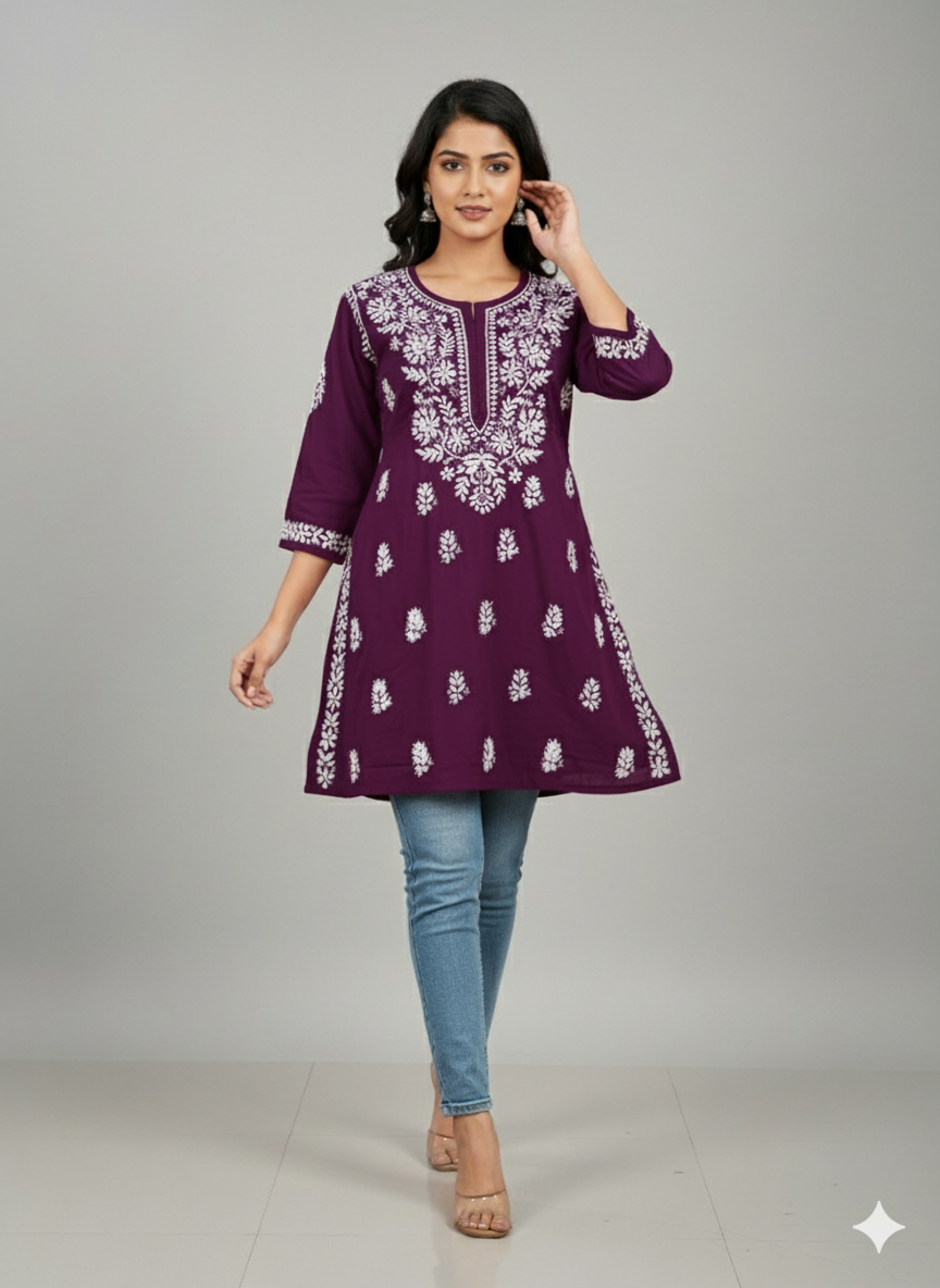 "Short Rayon Lucknowi Chikankari Kurti with Hand Embroidery"
