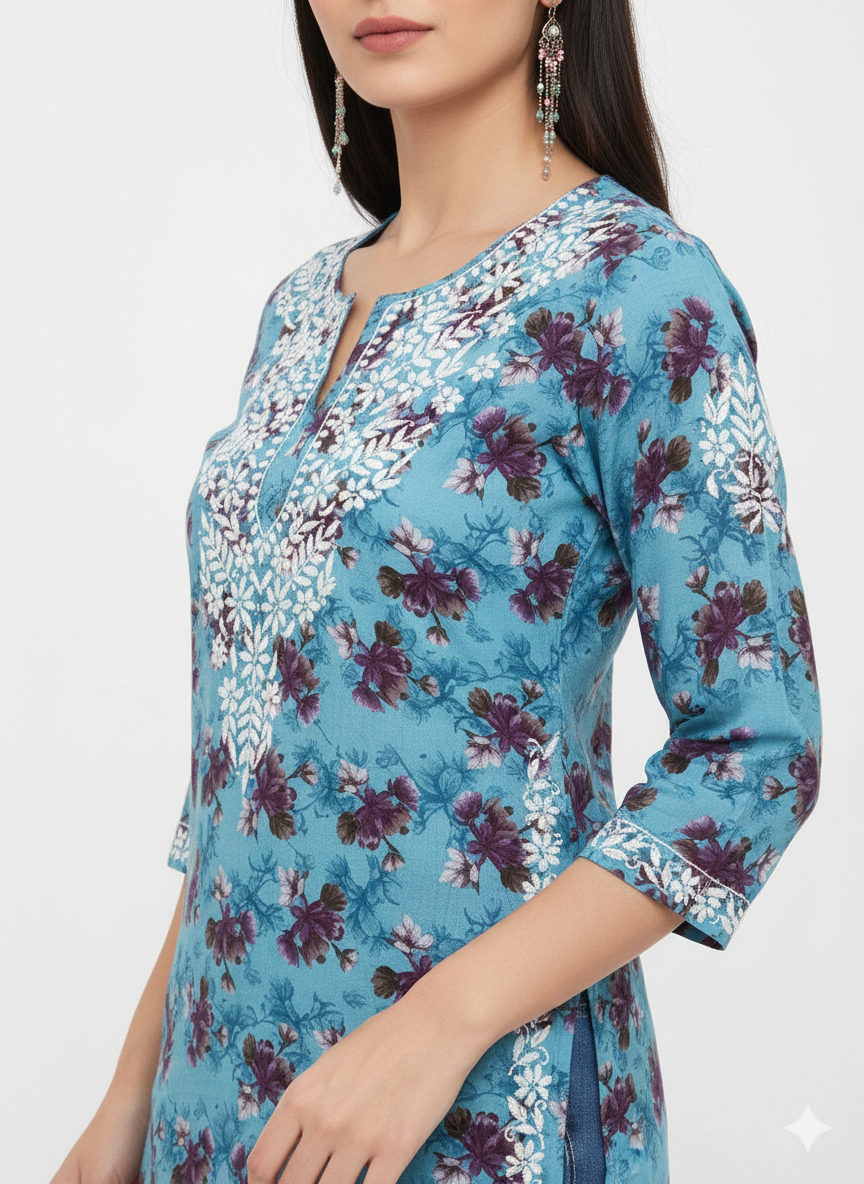 “Traditional Lucknowi Chikankari Printed Malmal Kurti with Hand Embroidery”