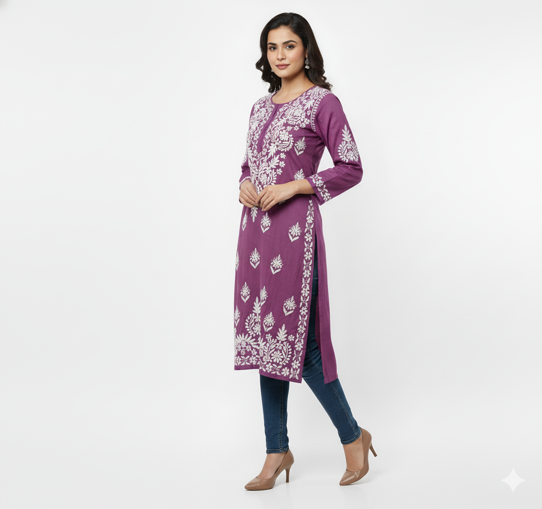 Lucknowi Chikankari Kurti Featuring Hand Embroidery