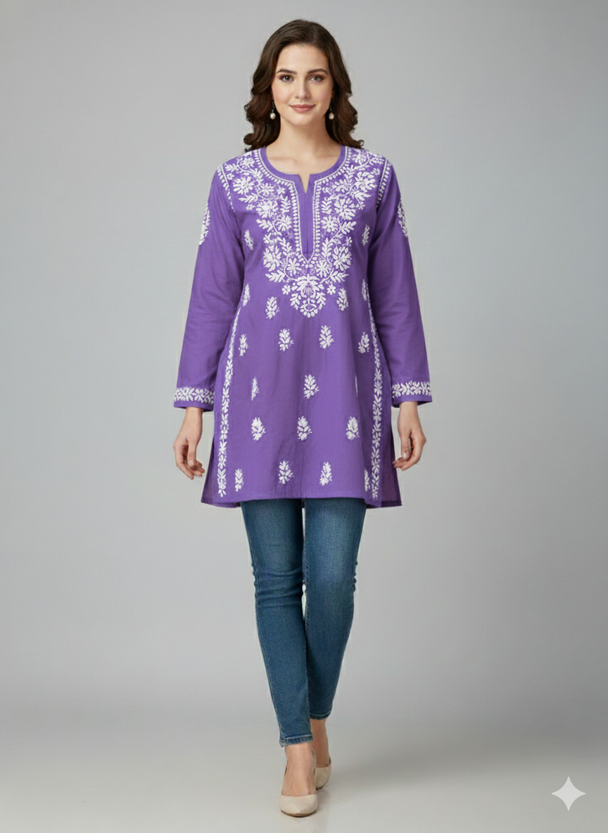 "Short Rayon Lucknowi Chikankari Kurti with Hand Embroidery"