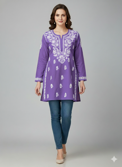 "Short Rayon Lucknowi Chikankari Kurti with Hand Embroidery"