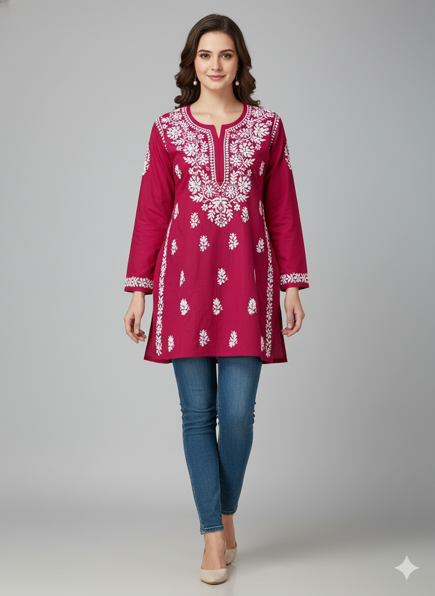 "Short Rayon Lucknowi Chikankari Kurti with Hand Embroidery"