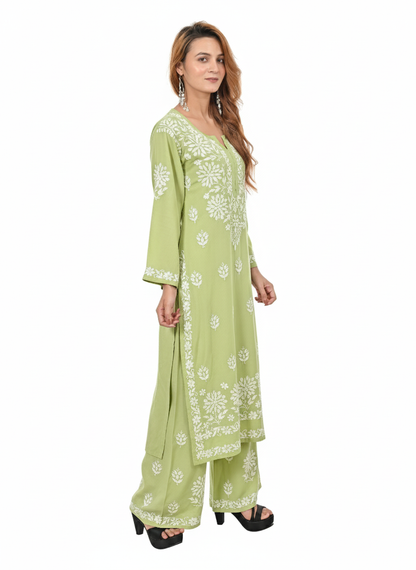 Handmade Embroidered Rayon Lucknowi Chikankari Plazo Set