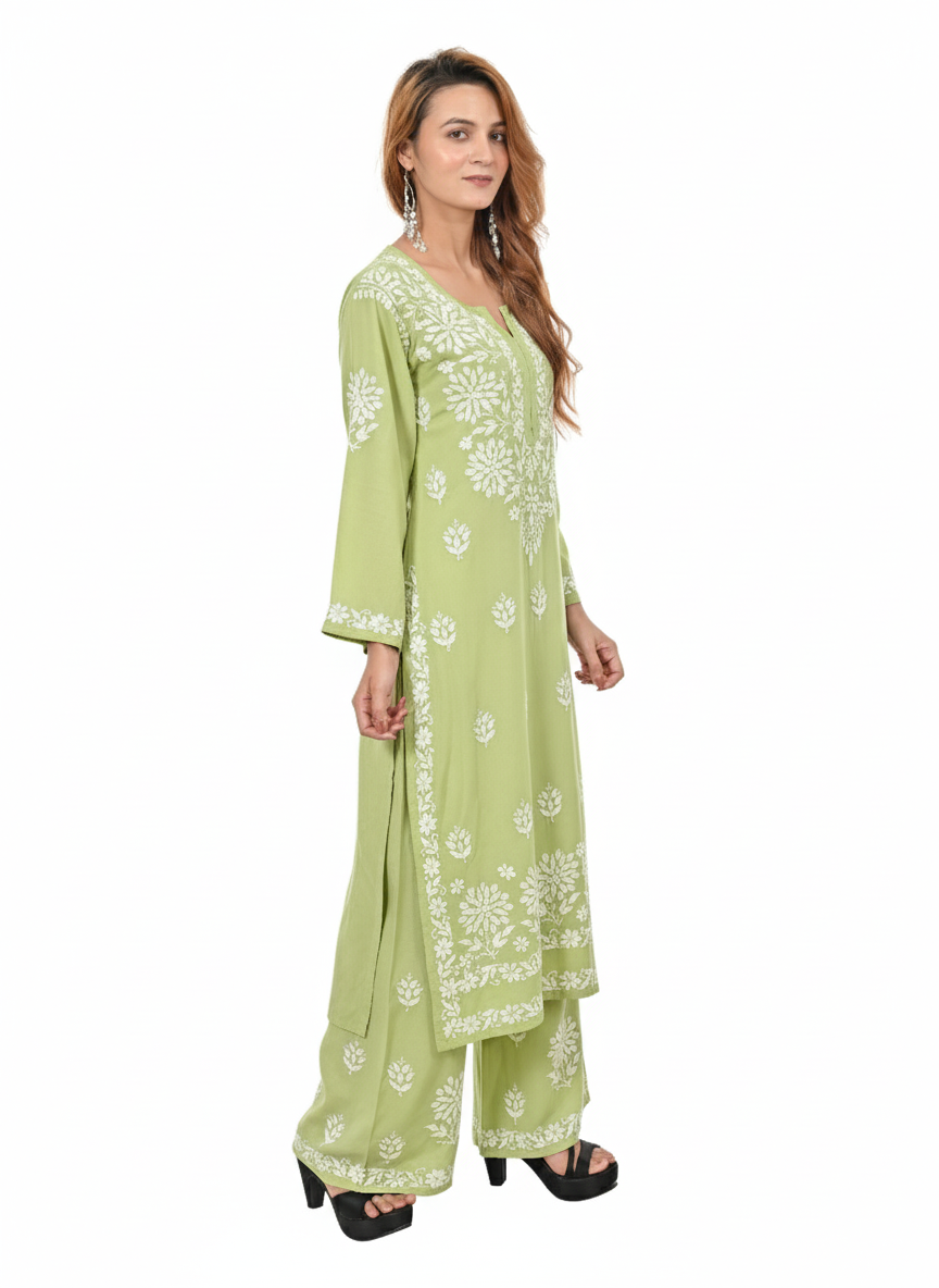 Handmade Embroidered Rayon Lucknowi Chikankari Plazo Set