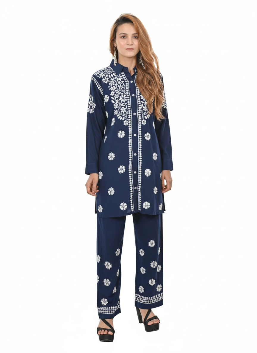 Handmade Embroidered Rayon Lucknowi Chikankari Co-ord Set