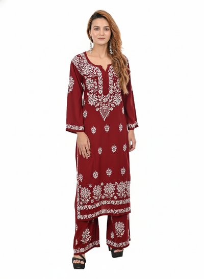 Handmade Embroidered Rayon Lucknowi Chikankari Plazo Set