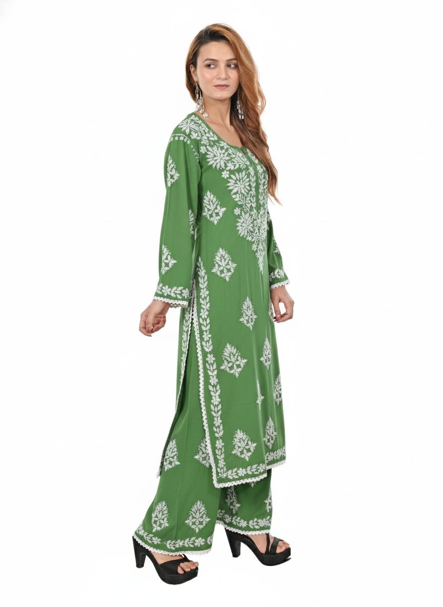 Handmade Embroidered Rayon Lace Plazo Set