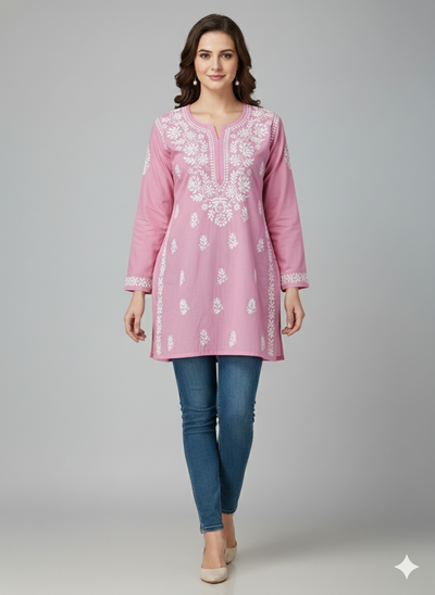 "Short Rayon Lucknowi Chikankari Kurti with Hand Embroidery"