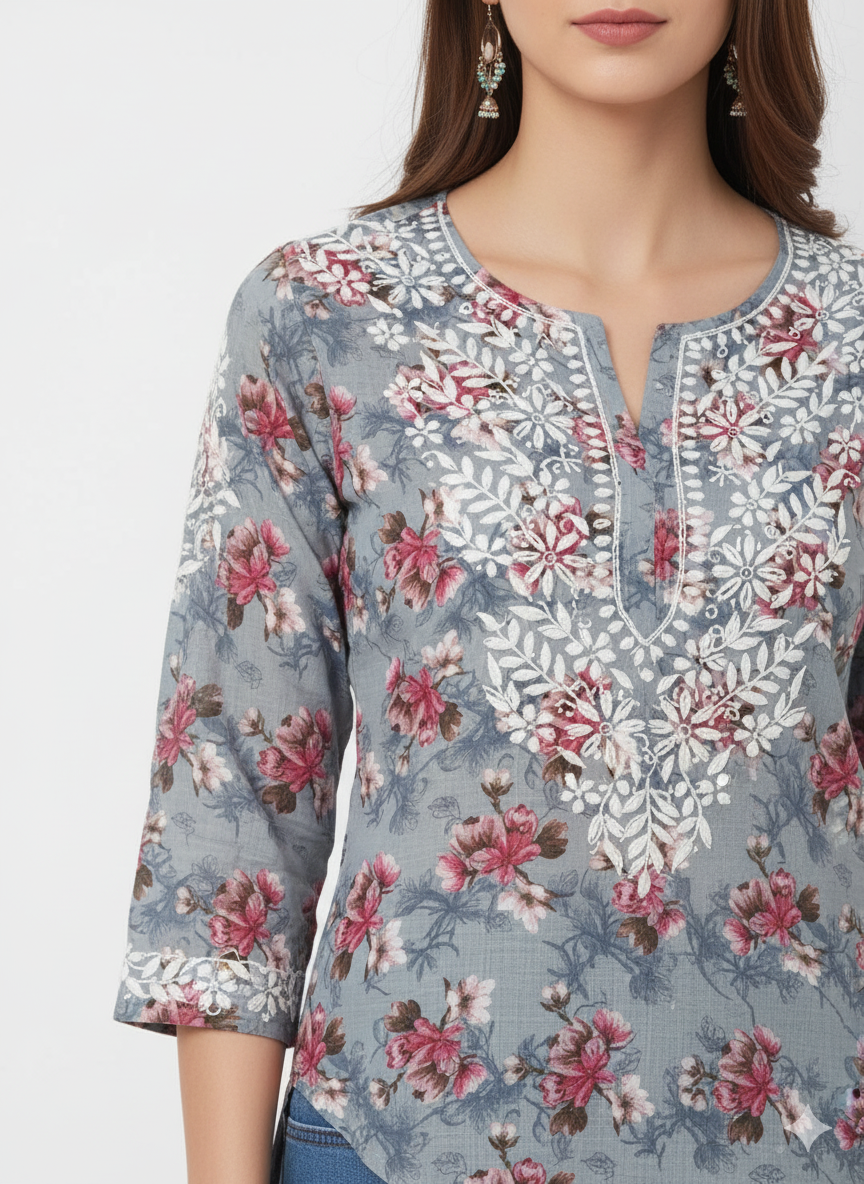 “Traditional Lucknowi Chikankari Printed Malmal Kurti with Hand Embroidery”