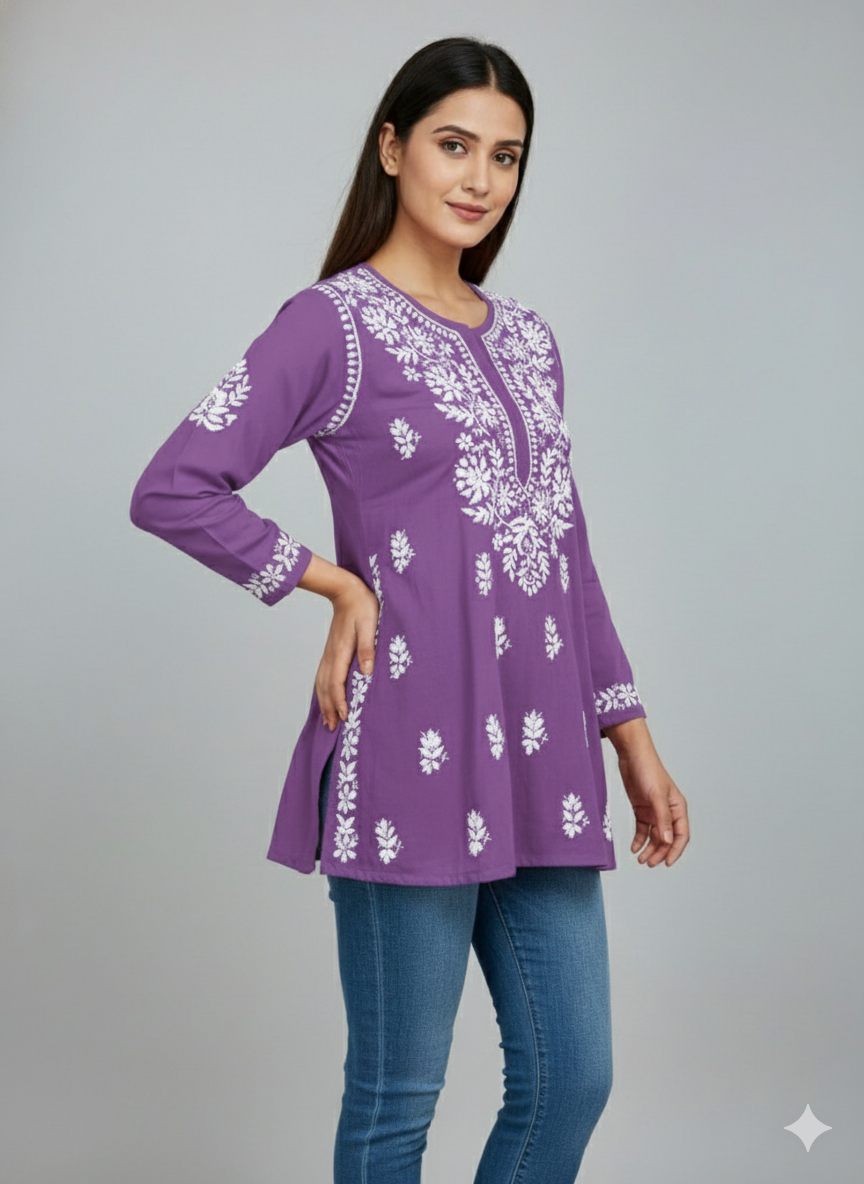 "Short Rayon Lucknowi Chikankari Kurti with Hand Embroidery"