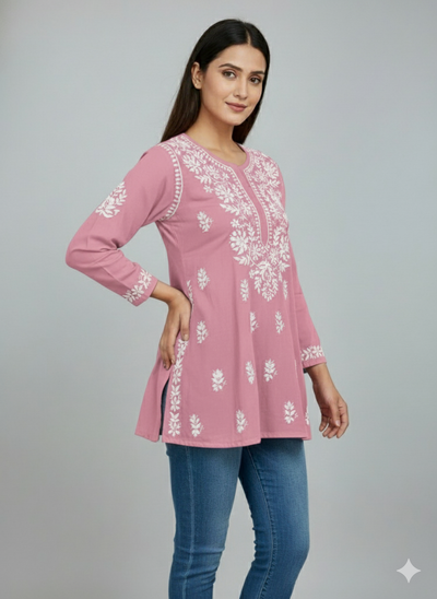 "Short Rayon Lucknowi Chikankari Kurti with Hand Embroidery"