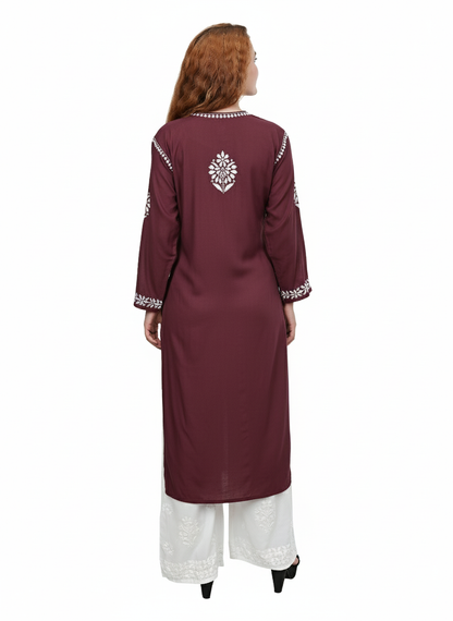 MS CHIKAN ARTS Women's Rayon Full Sleeve Lucknowi Chikankari Hand Work Round Neck Kurti