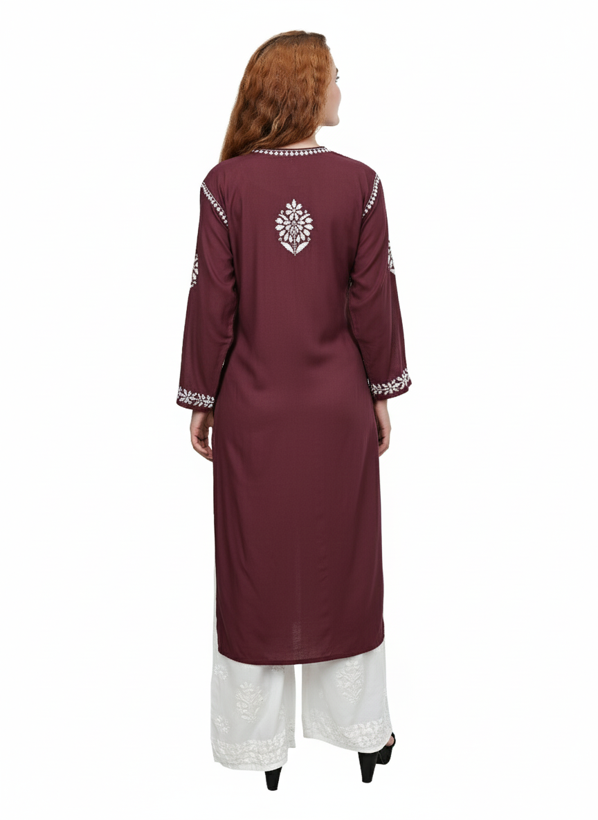 MS CHIKAN ARTS Women's Rayon Full Sleeve Lucknowi Chikankari Hand Work Round Neck Kurti