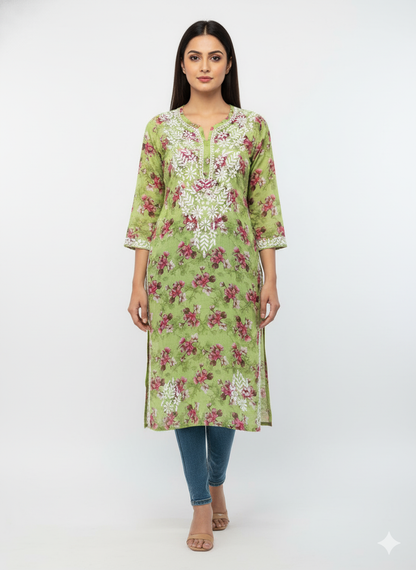 “Traditional Lucknowi Chikankari Printed Malmal Kurti with Hand Embroidery”