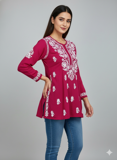 "Short Rayon Lucknowi Chikankari Kurti with Hand Embroidery"