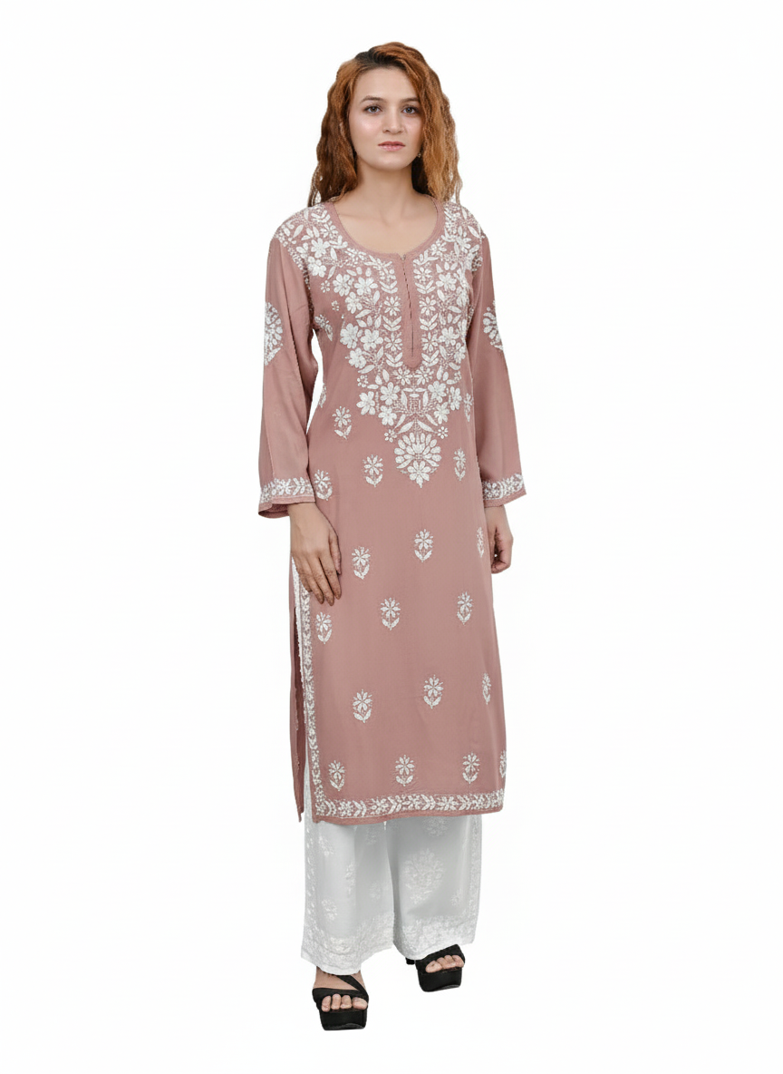 MS CHIKAN ARTS Women's Rayon Full Sleeve Lucknowi Chikankari Hand Work Round Neck Kurti
