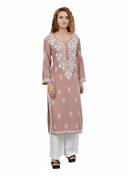 MS CHIKAN ARTS Women's Rayon Full Sleeve Lucknowi Chikankari Hand Work Round Neck Kurti