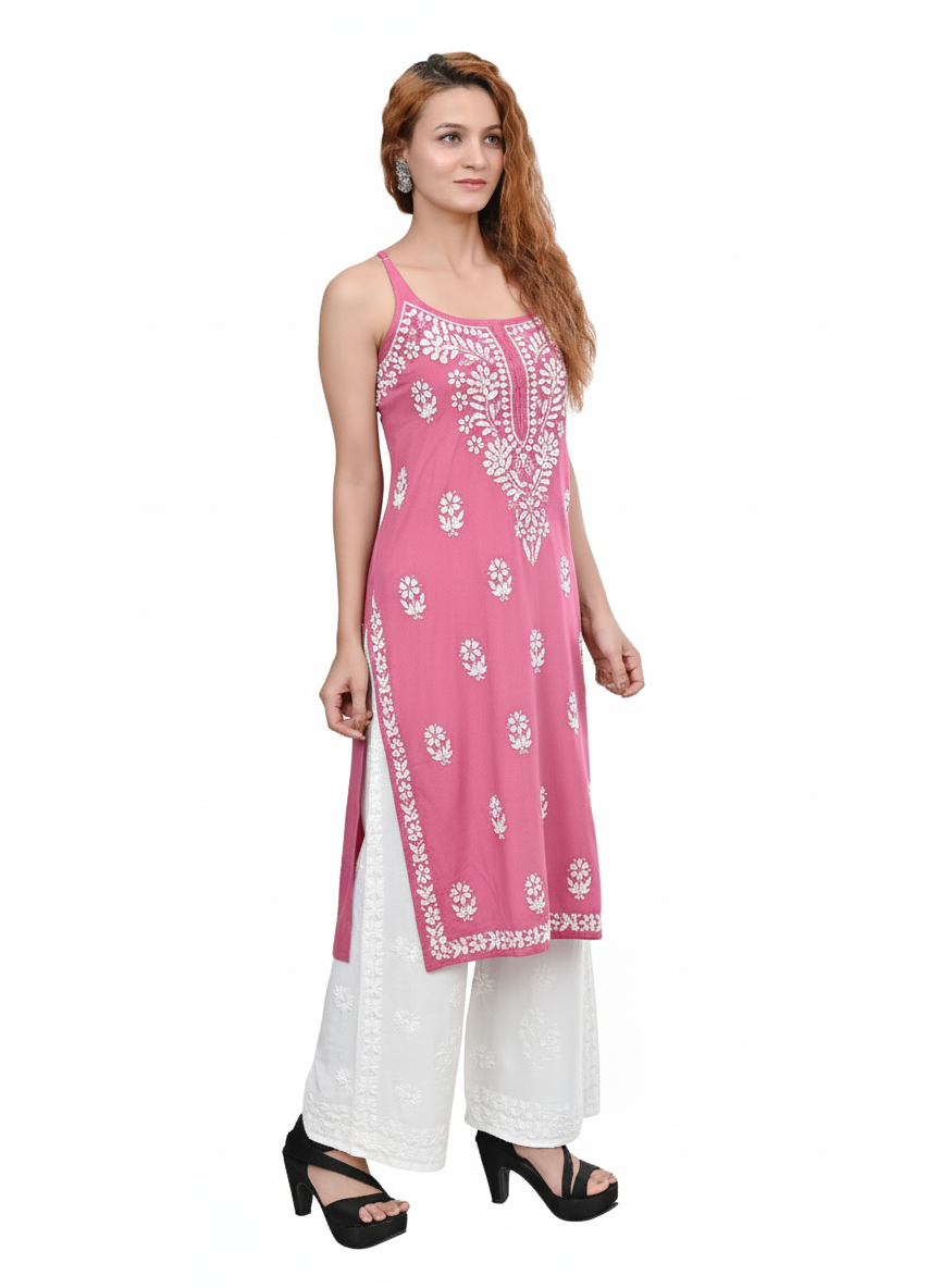 MS CHIKAN ARTS Women's Rayon Sleeveless Lucknowi Chikankari Hand Work Round Neck Kurti