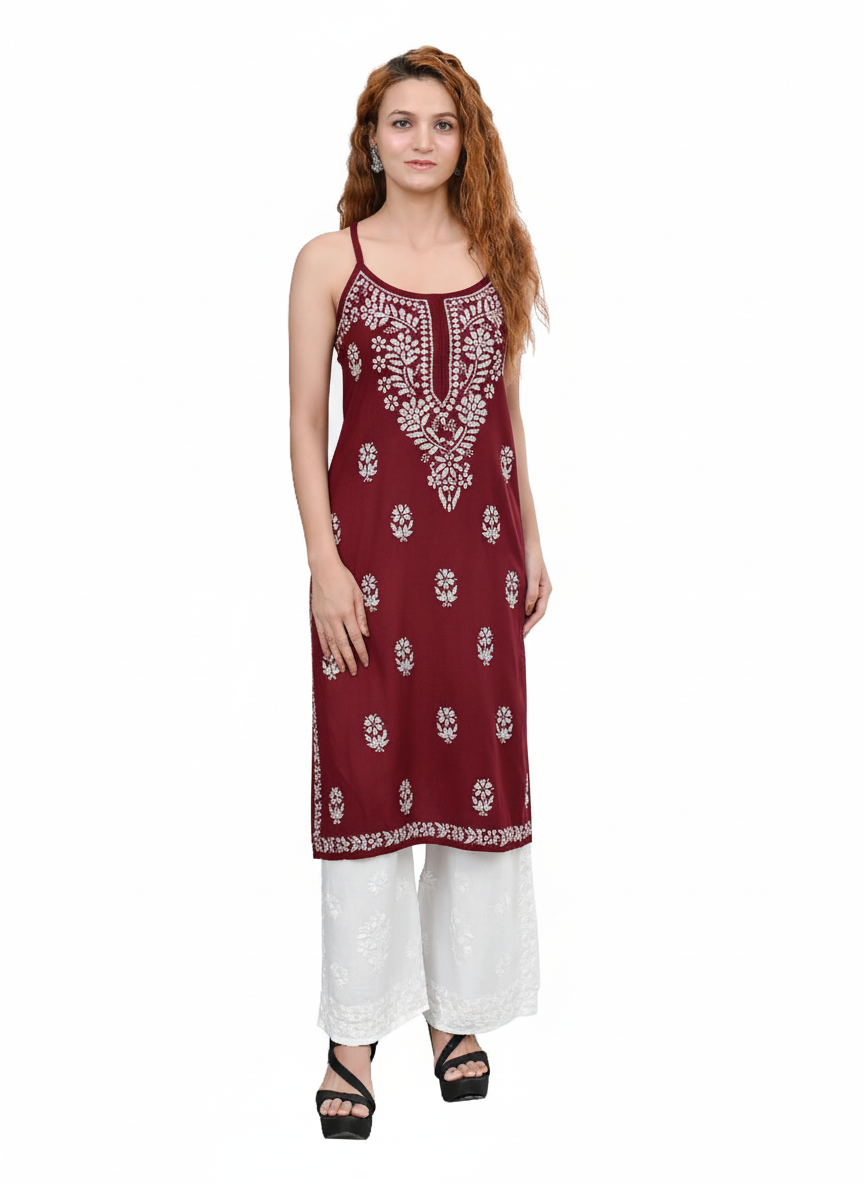 MS CHIKAN ARTS Women's Rayon Sleeveless Lucknowi Chikankari Hand Work Round Neck Kurti