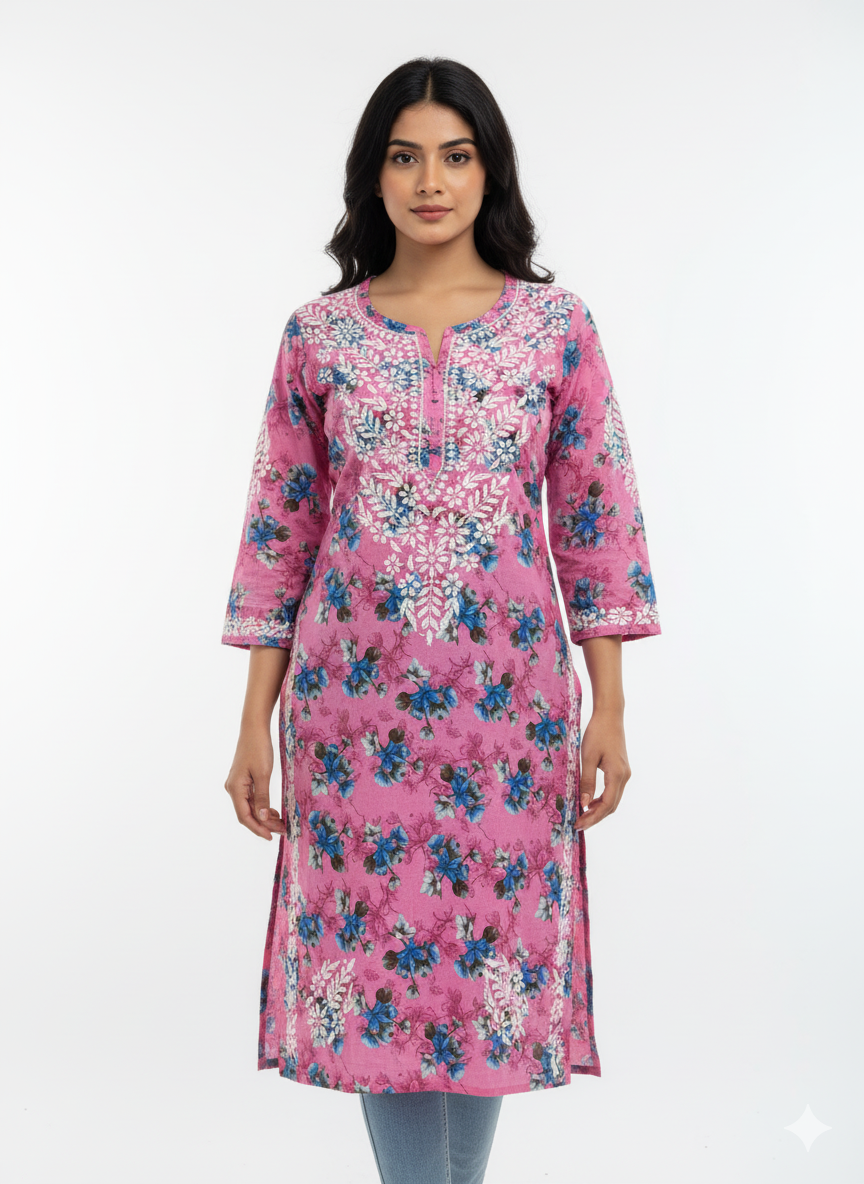 “Traditional Lucknowi Chikankari Printed Malmal Kurti with Hand Embroidery”