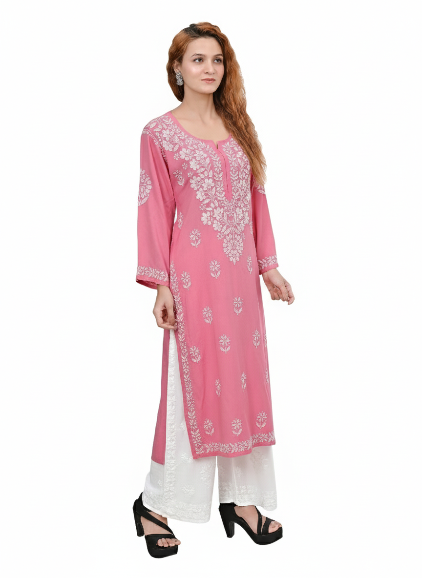 MS CHIKAN ARTS Women's Rayon Full Sleeve Lucknowi Chikankari Hand Work Round Neck Kurti