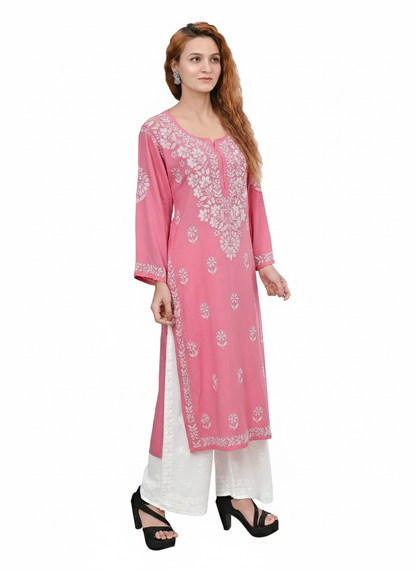 MS CHIKAN ARTS Women's Rayon Full Sleeve Lucknowi Chikankari Hand Work Round Neck Kurti