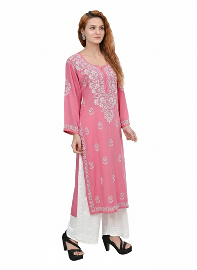 MS CHIKAN ARTS Women's Rayon Full Sleeve Lucknowi Chikankari Hand Work Round Neck Kurti