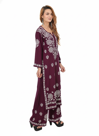 Handmade Embroidered Rayon Lucknowi Chikankari Plazo Set