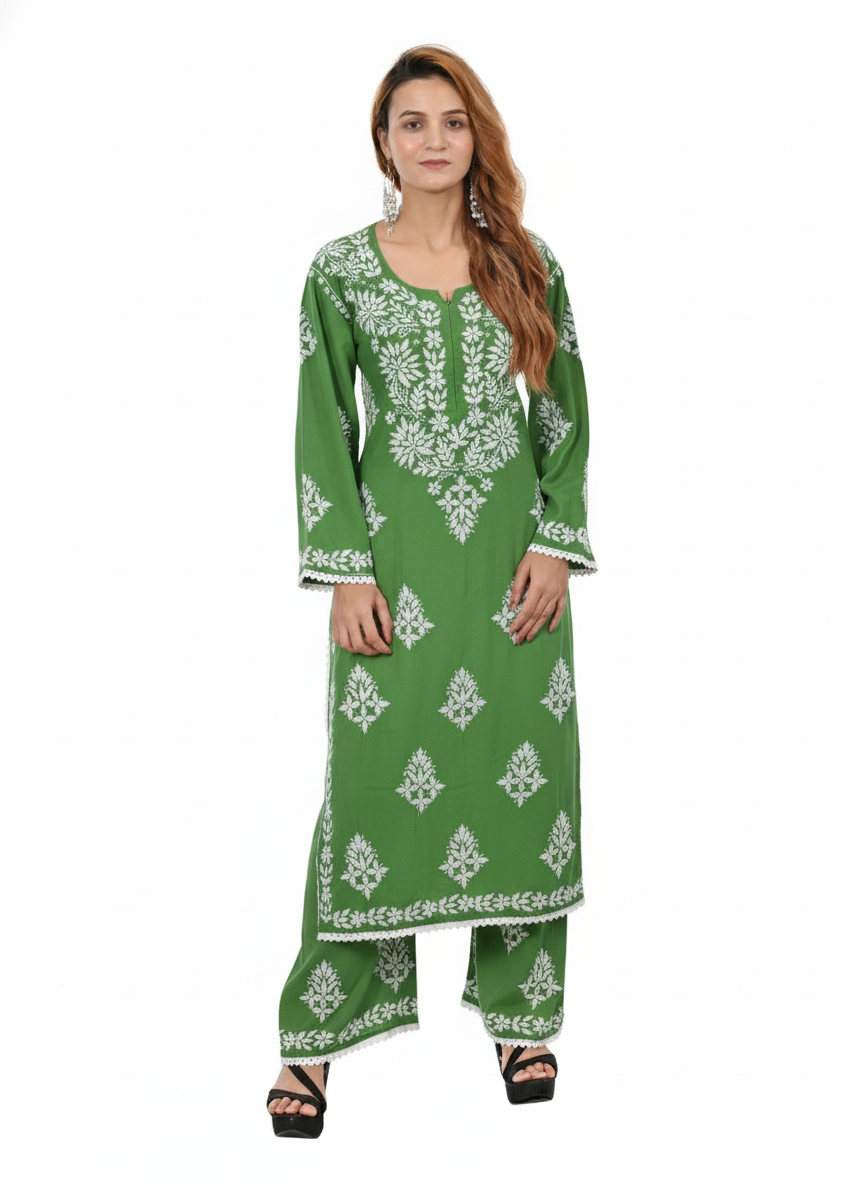 Handmade Embroidered Rayon Lace Plazo Set