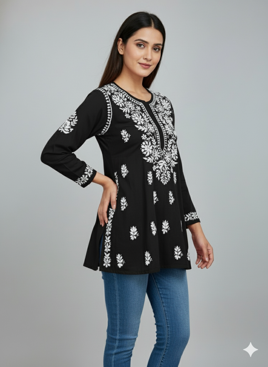 "Short Rayon Lucknowi Chikankari Kurti with Hand Embroidery"