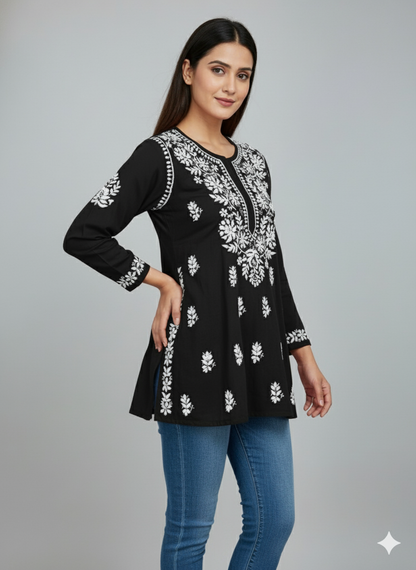 "Short Rayon Lucknowi Chikankari Kurti with Hand Embroidery"