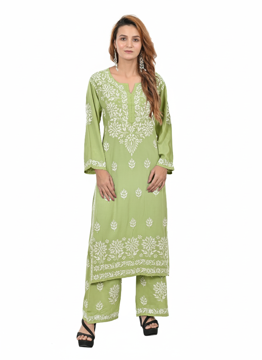 Handmade Embroidered Rayon Lucknowi Chikankari Plazo Set