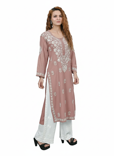 MS CHIKAN ARTS Women's Rayon Full Sleeve Lucknowi Chikankari Hand Work Round Neck Kurti