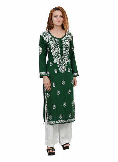 MS CHIKAN ARTS Women's Rayon Full Sleeve Lucknowi Chikankari Hand Work Round Neck Kurti