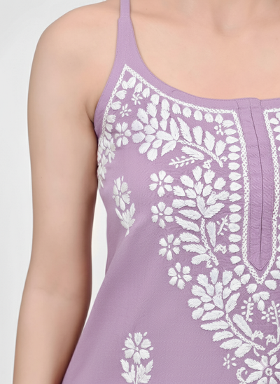 MS CHIKAN ARTS Women's Rayon Sleeveless Lucknowi Chikankari Hand Work Round Neck Kurti