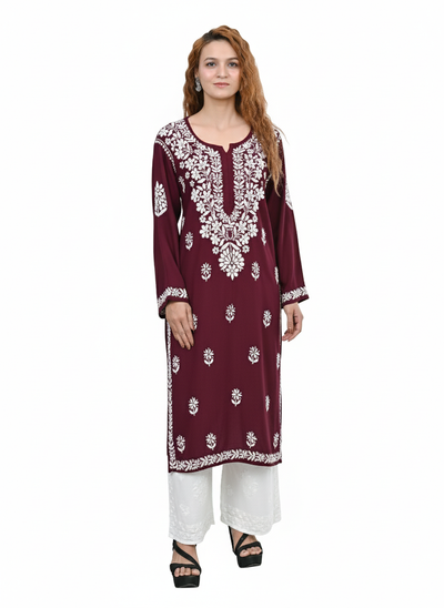 MS CHIKAN ARTS Women's Rayon Full Sleeve Lucknowi Chikankari Hand Work Round Neck Kurti