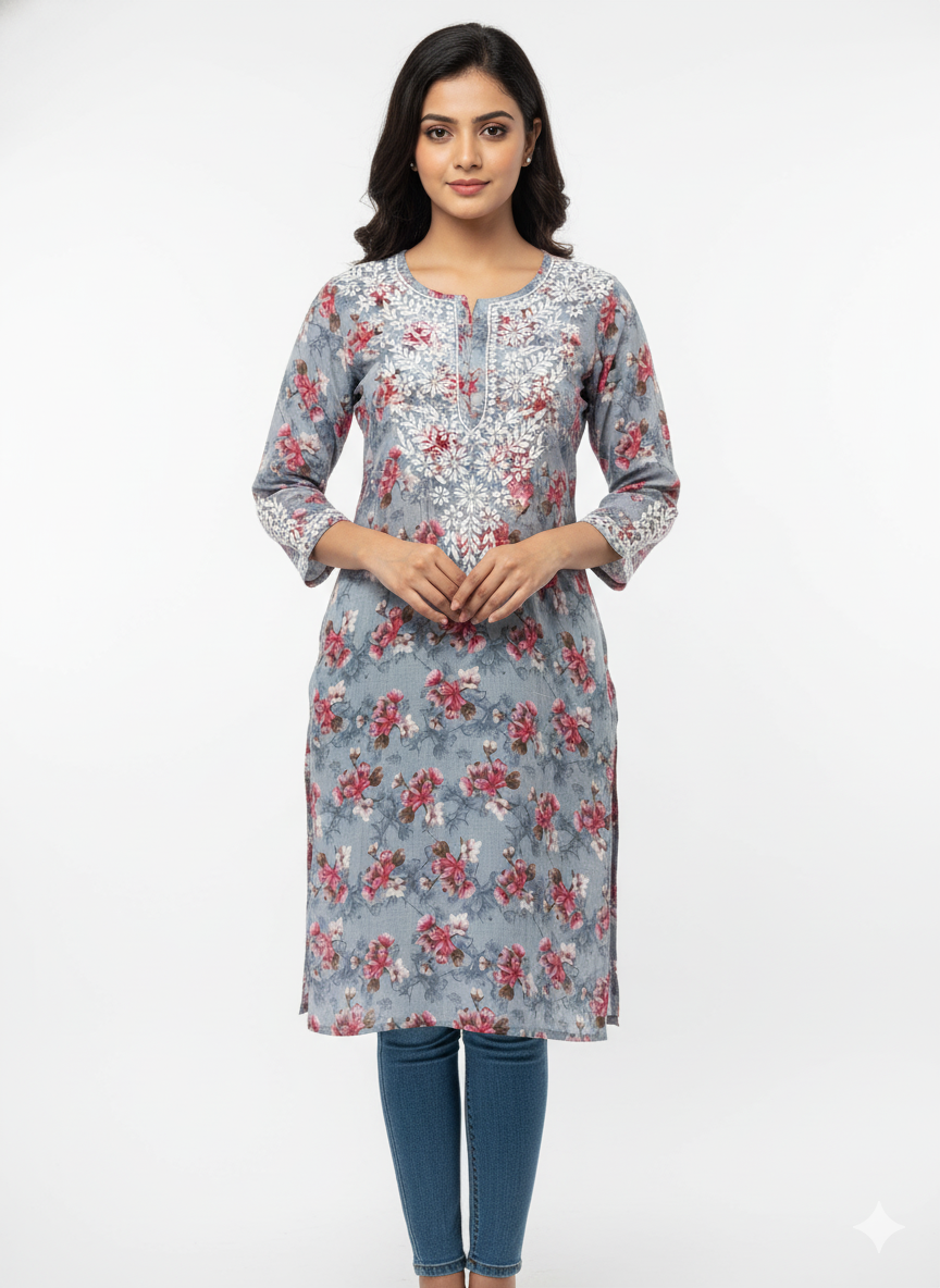 “Traditional Lucknowi Chikankari Printed Malmal Kurti with Hand Embroidery”