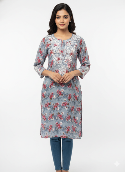 “Traditional Lucknowi Chikankari Printed Malmal Kurti with Hand Embroidery”