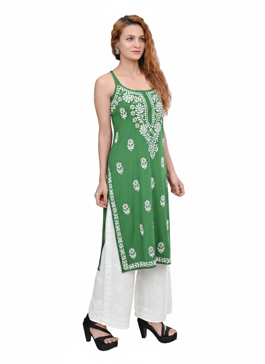 MS CHIKAN ARTS Women's Rayon Sleeveless Lucknowi Chikankari Hand Work Round Neck Kurti