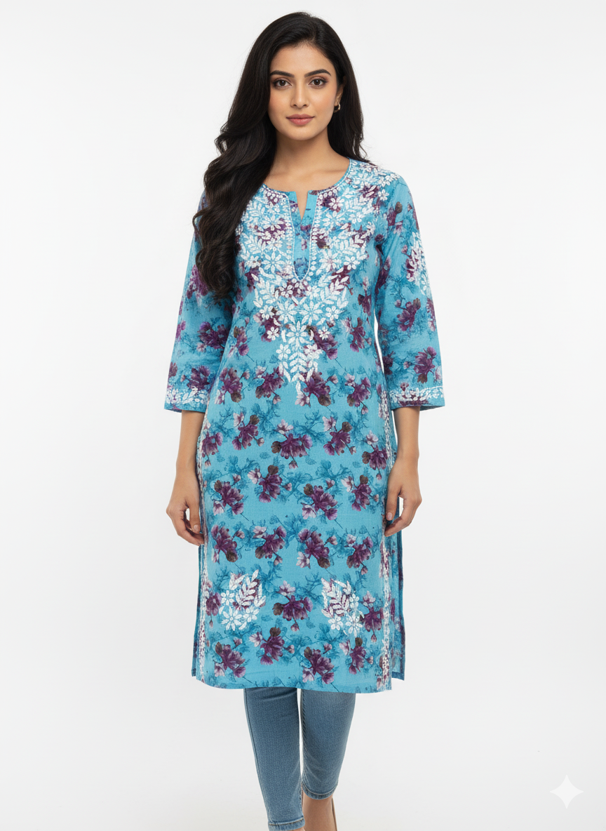“Traditional Lucknowi Chikankari Printed Malmal Kurti with Hand Embroidery”
