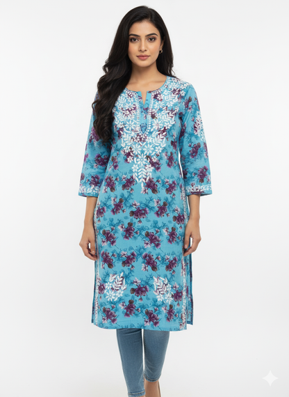 “Traditional Lucknowi Chikankari Printed Malmal Kurti with Hand Embroidery”