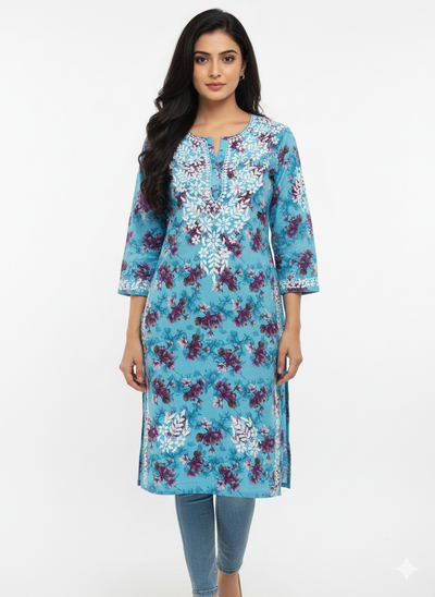 “Traditional Lucknowi Chikankari Printed Malmal Kurti with Hand Embroidery”