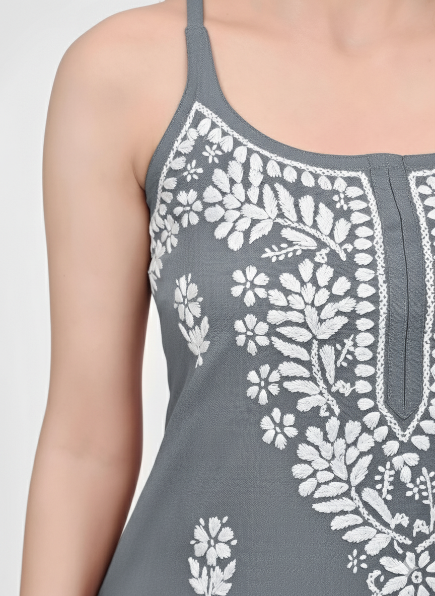 MS CHIKAN ARTS Women's Rayon Sleeveless Lucknowi Chikankari Hand Work Round Neck Kurti