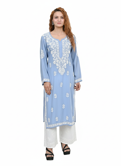 MS CHIKAN ARTS Women's Rayon Full Sleeve Lucknowi Chikankari Hand Work Round Neck Kurti