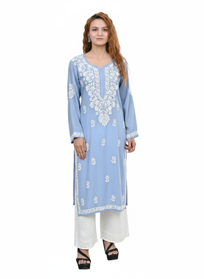 MS CHIKAN ARTS Women's Rayon Full Sleeve Lucknowi Chikankari Hand Work Round Neck Kurti