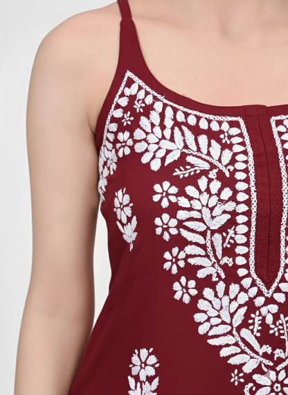 MS CHIKAN ARTS Women's Rayon Sleeveless Lucknowi Chikankari Hand Work Round Neck Kurti