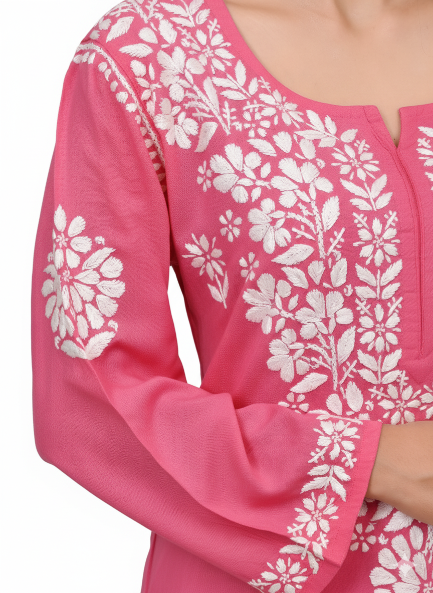 MS CHIKAN ARTS Women's Rayon Full Sleeve Lucknowi Chikankari Hand Work Round Neck Kurti