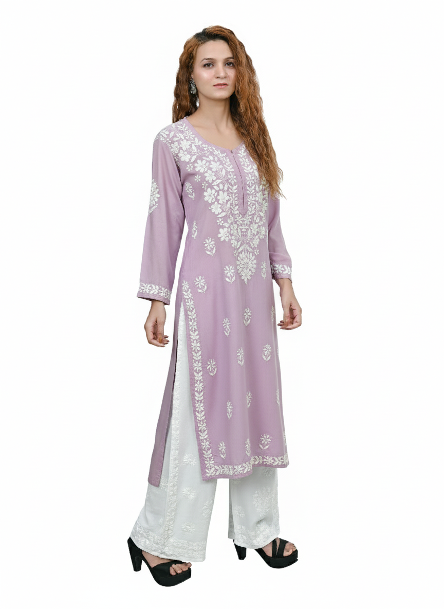 MS CHIKAN ARTS Women's Rayon Full Sleeve Lucknowi Chikankari Hand Work Round Neck Kurti